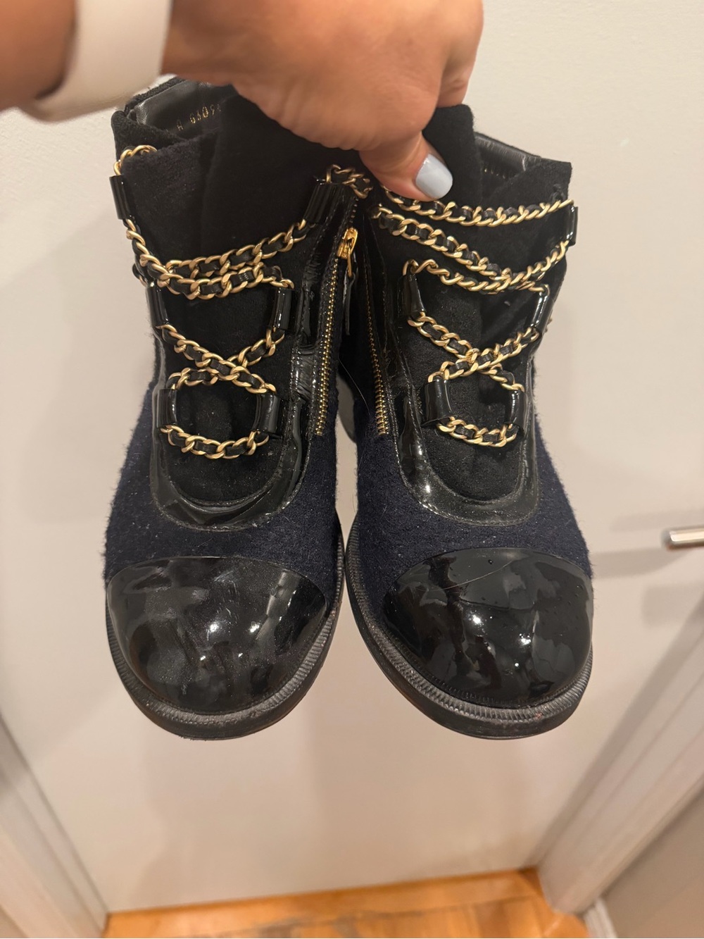 CHANEL Black & Gold Chain-Trim Ankle Booties